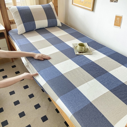 卡伦家纺 2025新款全棉色织水洗棉单层宿舍学生床笠 蓝大格