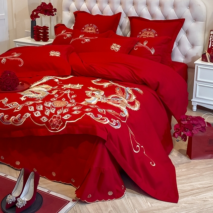 91家纺网 家纺一手货源 找家纺 玉雅家纺 2025新款玉雅时尚磨毛刺绣床单款系列婚庆套件 床单绣花款-欢喜龙凤