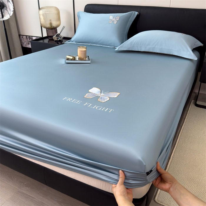 91家纺网 家纺一手货源 找家纺 鑫钰 2024秋冬新款全棉刺绣单层床笠单件枕套三件套-蝶舞 蝶舞-水平蓝