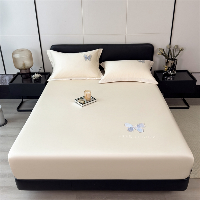 91家纺网 家纺一手货源 找家纺 鑫钰 2024秋冬新款全棉刺绣单层床笠单件枕套三件套-蝶舞 蝶舞-奶昔白