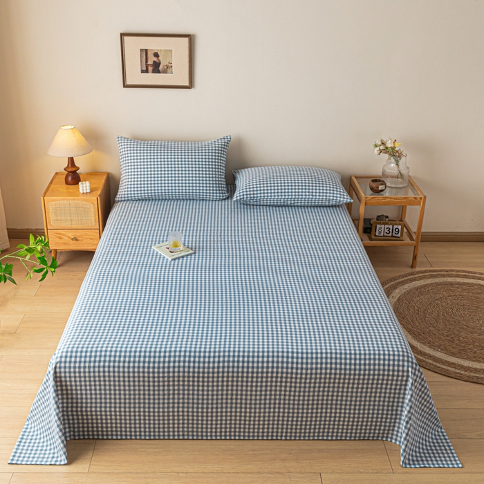 91家纺网 家纺一手货源 找家纺 卡伦家纺 2025新款全棉色织水洗棉床单学生宿舍单人双人床单系列浅蓝小格