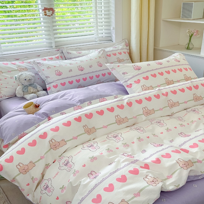 91家纺网 家纺一手货源 找家纺 2024新款全棉小清新印花单品套件--四件套 小兔念念