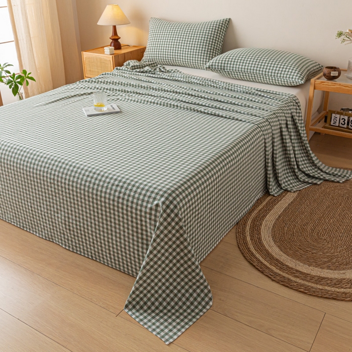 91家纺网 家纺一手货源 找家纺 卡伦家纺 2025新款全棉色织水洗棉床单学生宿舍单人双人床单系列绿小格