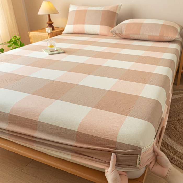 91家纺网 家纺一手货源 找家纺 卡伦家纺 2025全棉色织水洗棉单层床笠席梦思保护套 粉大格