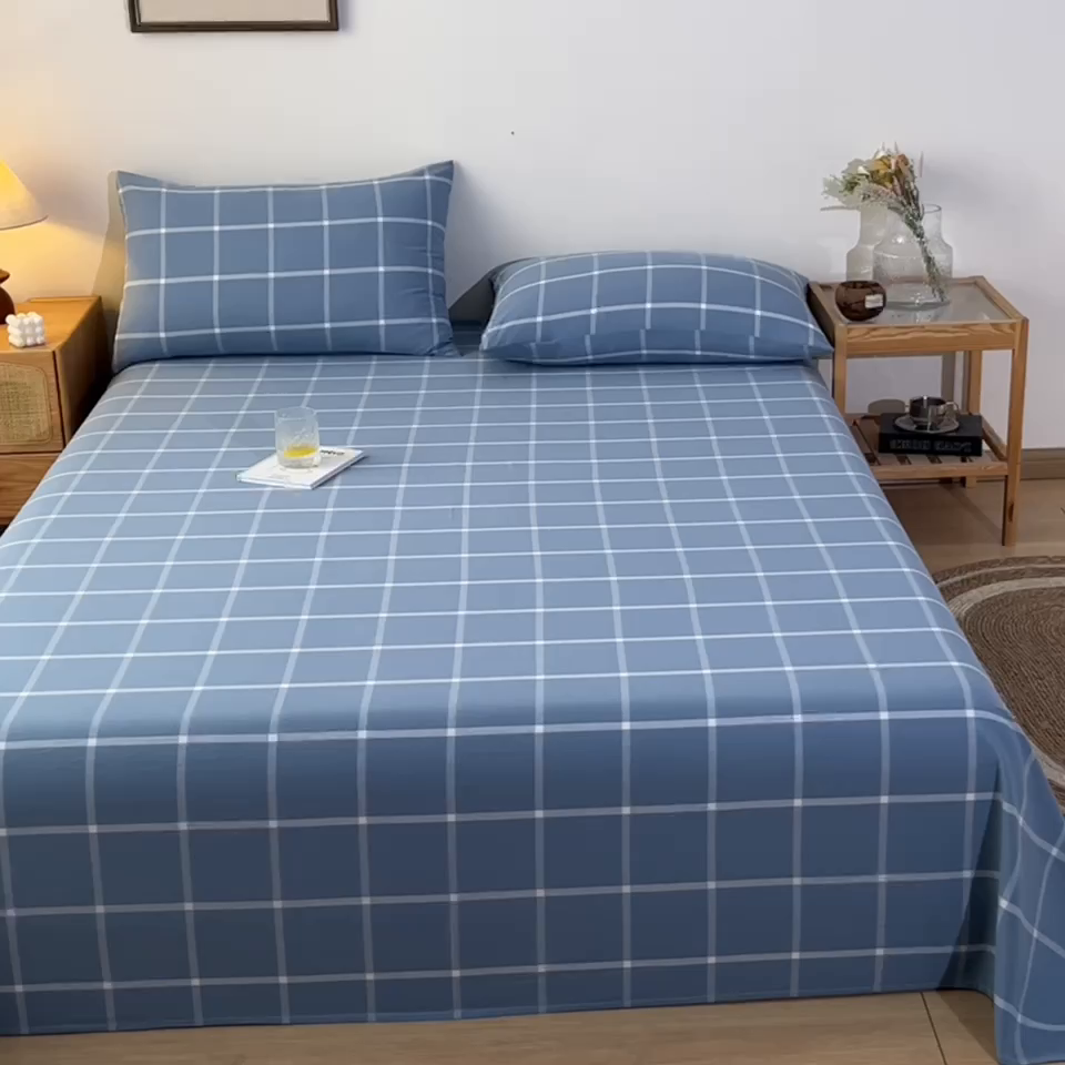 91家纺网 家纺一手货源 找家纺 卡伦家纺 2025新款全棉色织水洗棉床单学生宿舍单人双人床单系列蓝灰中格