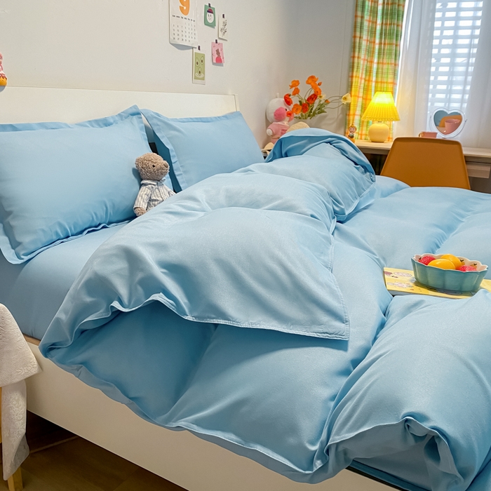 91家纺网 家纺一手货源 找家纺 悦织湾家纺 2025新款纯色床单款芦荟棉四件套 艾加蓝