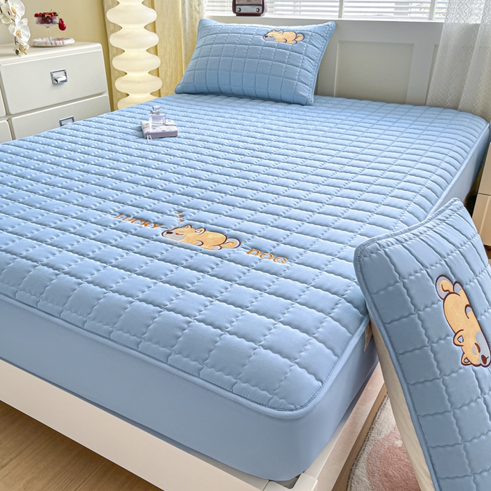 91家纺网 家纺一手货源 找家纺 鑫钰 2024新夹款刺绣大豆纤维床笠-幸运狗系列 幸运狗-湖水蓝