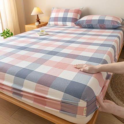 卡伦家纺 2025全棉色织水洗棉单层床笠席梦思保护套 英伦粉