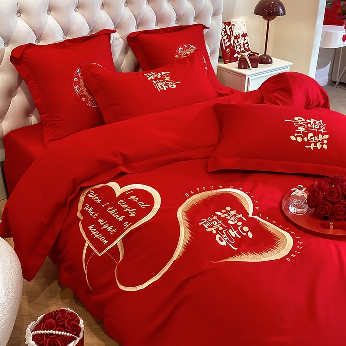 91家纺网 家纺一手货源 找家纺 玉雅家纺 2025新款玉雅时尚磨毛刺绣床单款系列婚庆套件 床单绣花款-怦然心动