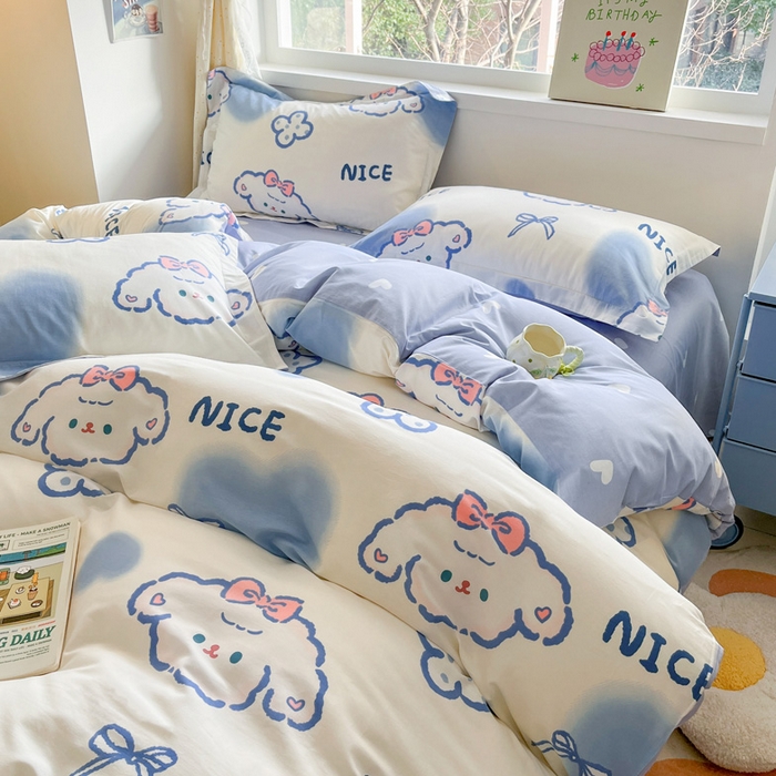 91家纺网 家纺一手货源 找家纺 2024新款全棉小清新印花单品套件--四件套 玉桂兔