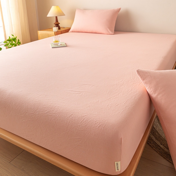 91家纺网 家纺一手货源 找家纺 卡伦家纺 2025全棉色织水洗棉单层床笠席梦思保护套 粉青年