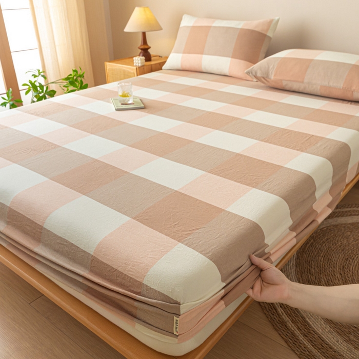 91家纺网 家纺一手货源 找家纺 卡伦家纺 2025全棉色织水洗棉单层床笠席梦思保护套 粉大格