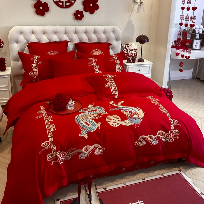 91家纺网 家纺一手货源 找家纺 玉雅家纺 2025新款玉雅时尚磨毛刺绣床单款系列婚庆套件 床单绣花款-龙章凤彩