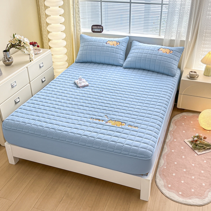 91家纺网 家纺一手货源 找家纺 鑫钰 2024新夹款刺绣大豆纤维床笠-幸运狗系列 幸运狗-湖水蓝