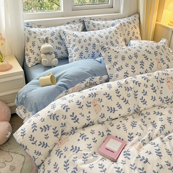 91家纺网 家纺一手货源 找家纺 2024新款全棉小清新印花单品套件--四件套 兔影