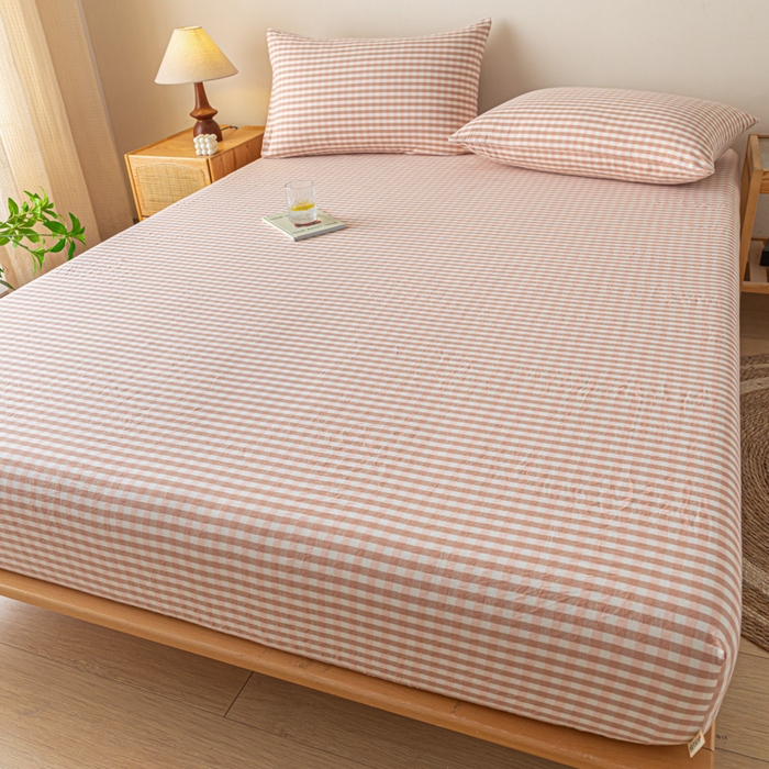 91家纺网 家纺一手货源 找家纺 卡伦家纺 2025全棉色织水洗棉单层床笠席梦思保护套 粉小格