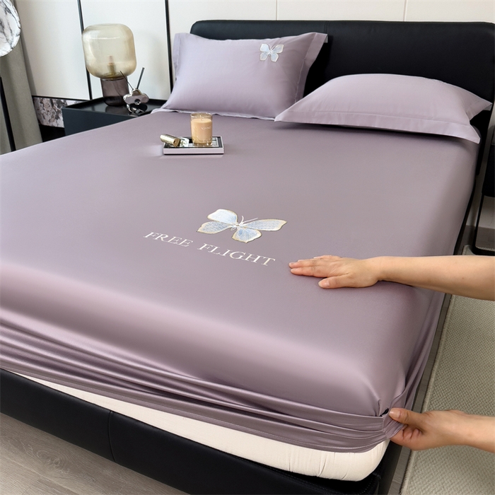 91家纺网 家纺一手货源 找家纺 鑫钰 2024秋冬新款全棉刺绣单层床笠单件枕套三件套-蝶舞 蝶舞-紫灰