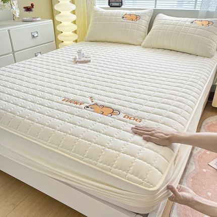 鑫钰 2024新夹款刺绣大豆纤维床笠-幸运狗系列 幸运狗-典雅白