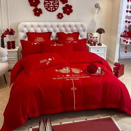 91家纺网 家纺一手货源 找家纺 玉雅家纺 2025新款玉雅时尚磨毛刺绣床单款系列婚庆套件 心中有你