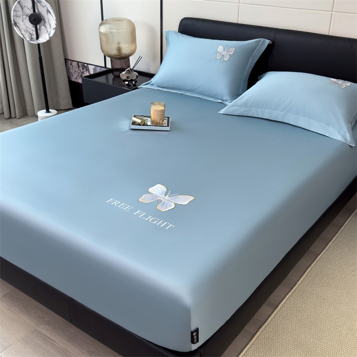 91家纺网 家纺一手货源 找家纺 鑫钰 2024秋冬新款全棉刺绣单层床笠单件枕套三件套-蝶舞 蝶舞-水平蓝