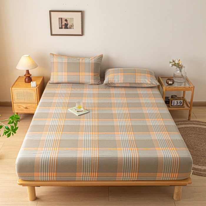 91家纺网 家纺一手货源 找家纺 卡伦家纺 2025全棉色织水洗棉单层床笠席梦思保护套 错格咖