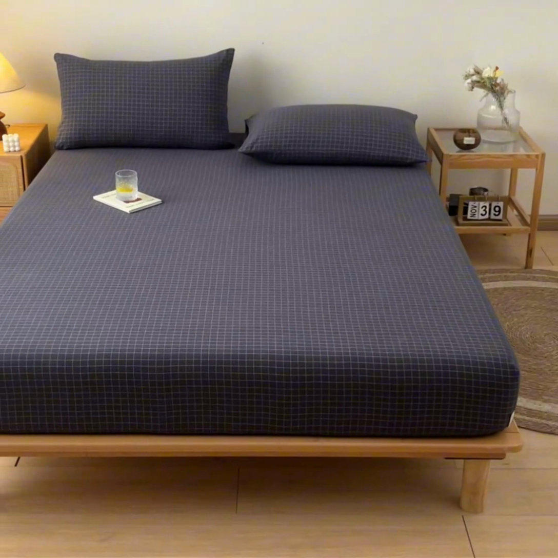 91家纺网 家纺一手货源 找家纺 卡伦家纺 2025全棉色织水洗棉单层床笠席梦思保护套 灰小方格
