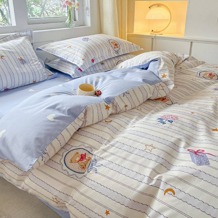 91家纺网 家纺一手货源 找家纺 2024新款全棉小清新印花单品套件--四件套 图蓝朵朵