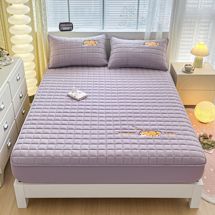 91家纺网 家纺一手货源 找家纺 鑫钰 2024新夹款刺绣大豆纤维床笠-幸运狗系列 幸运狗-木槿紫