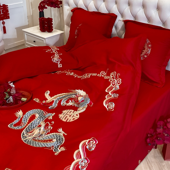 91家纺网 家纺一手货源 找家纺 玉雅家纺 2025新款玉雅时尚磨毛刺绣床单款系列婚庆套件 床单绣花款-龙章凤彩