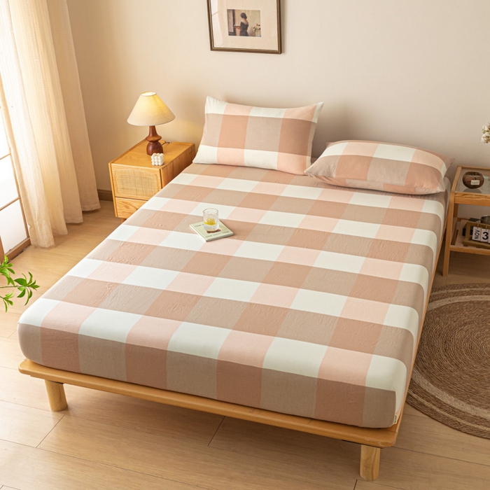 91家纺网 家纺一手货源 找家纺 卡伦家纺 2025全棉色织水洗棉单层床笠席梦思保护套 粉大格