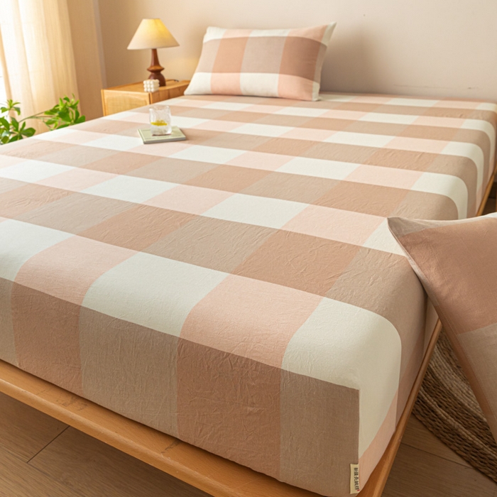 91家纺网 家纺一手货源 找家纺 卡伦家纺 2025全棉色织水洗棉单层床笠席梦思保护套 粉大格