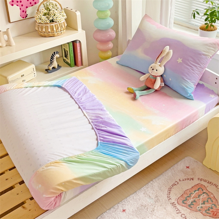 91家纺网 家纺一手货源 找家纺 名兮家居 2024新款学生床上下铺全棉床笠 彩色天空