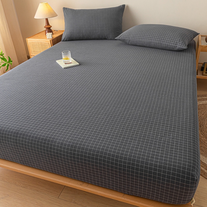 91家纺网 家纺一手货源 找家纺 卡伦家纺 2025全棉色织水洗棉单层床笠席梦思保护套 灰小方格