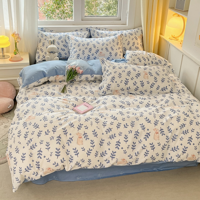 91家纺网 家纺一手货源 找家纺 2024新款全棉小清新印花单品套件--四件套 兔影