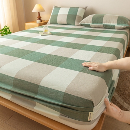 卡伦家纺 2025全棉色织水洗棉单层床笠席梦思保护套 绿大格