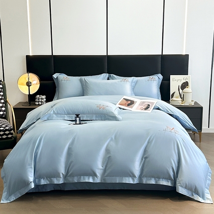 琉宿家纺 2025新款50s双股长绒棉绣花四件套 倾世红颜-天空蓝