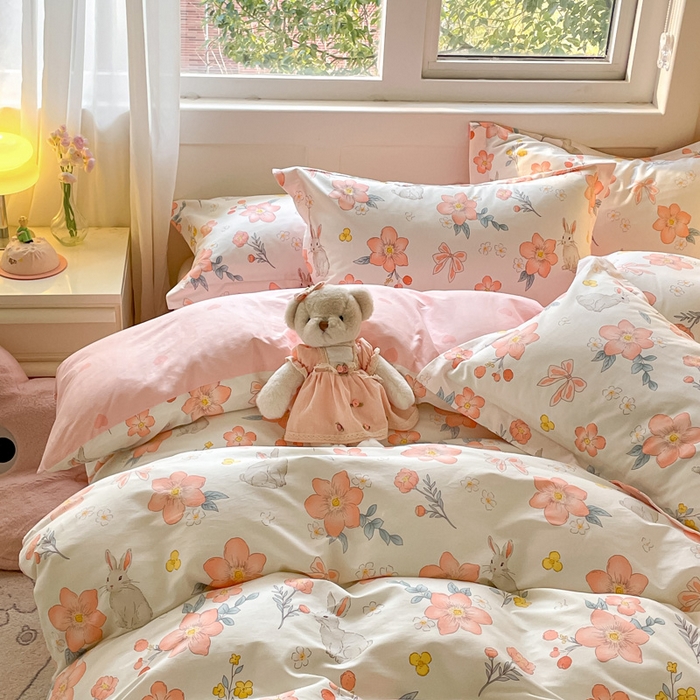 91家纺网 家纺一手货源 找家纺 2024新款全棉小清新印花单品套件--四件套 兔语馨