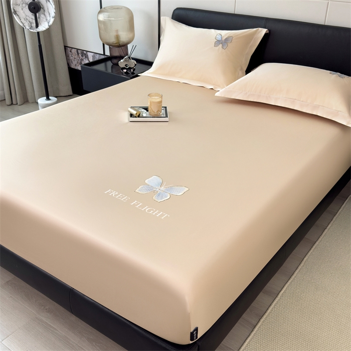 91家纺网 家纺一手货源 找家纺 鑫钰 2024秋冬新款全棉刺绣单层床笠单件枕套三件套-蝶舞 蝶舞-曲奇