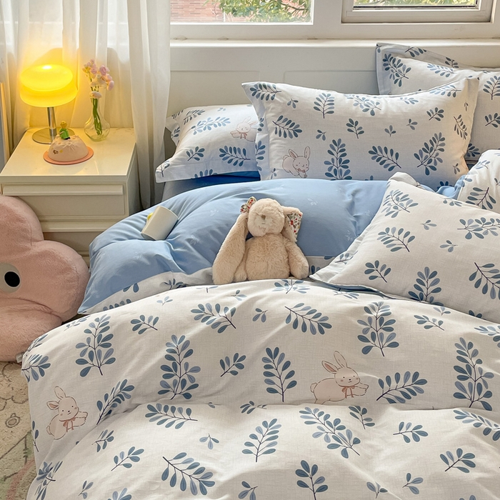 91家纺网 家纺一手货源 找家纺 2024新款全棉小清新印花单品套件--四件套 兔语丛林