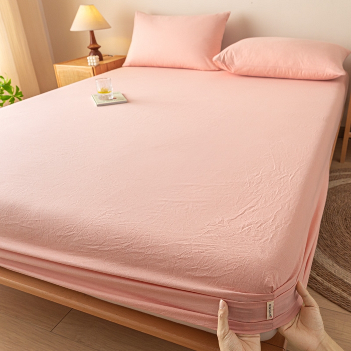 91家纺网 家纺一手货源 找家纺 卡伦家纺 2025全棉色织水洗棉单层床笠席梦思保护套 粉青年