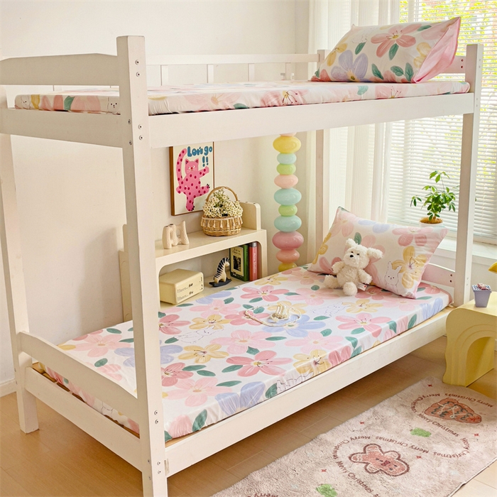 91家纺网 家纺一手货源 找家纺 名兮家居 2024新款学生床上下铺全棉床笠 花甜粉