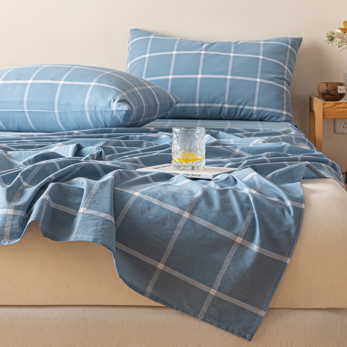 91家纺网 家纺一手货源 找家纺 卡伦家纺 2025新款全棉色织水洗棉床单学生宿舍单人双人床单系列蓝灰中格