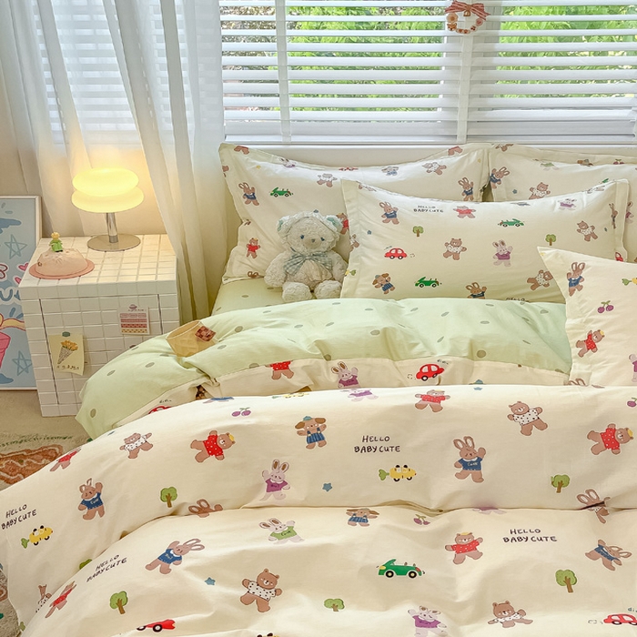 91家纺网 家纺一手货源 找家纺 2024新款全棉小清新印花单品套件--四件套 森岛精灵