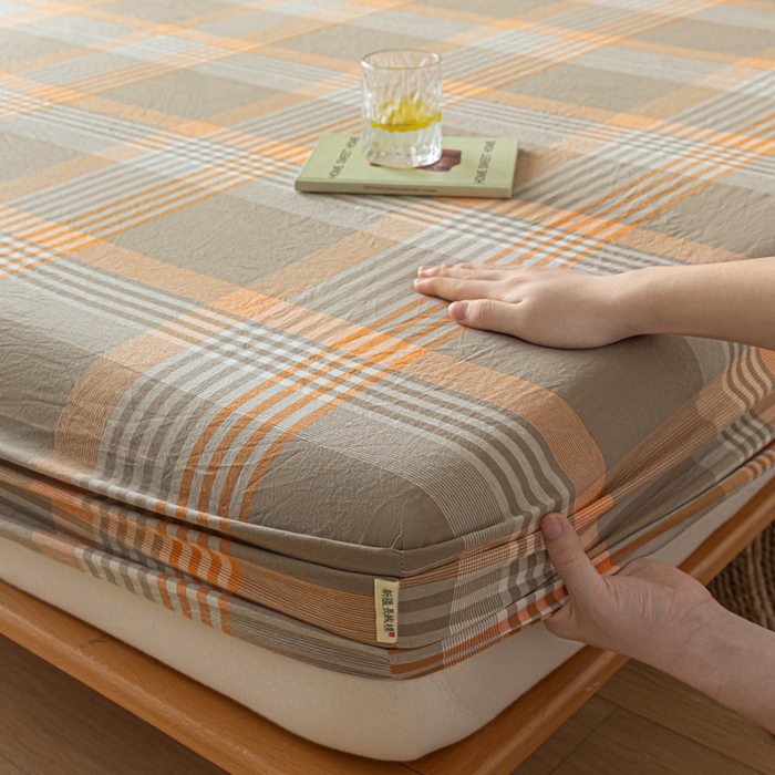 91家纺网 家纺一手货源 找家纺 卡伦家纺 2025全棉色织水洗棉单层床笠席梦思保护套 错格咖