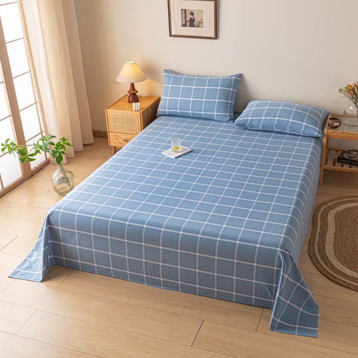 91家纺网 家纺一手货源 找家纺 卡伦家纺 2025新款全棉色织水洗棉床单学生宿舍单人双人床单系列蓝灰中格