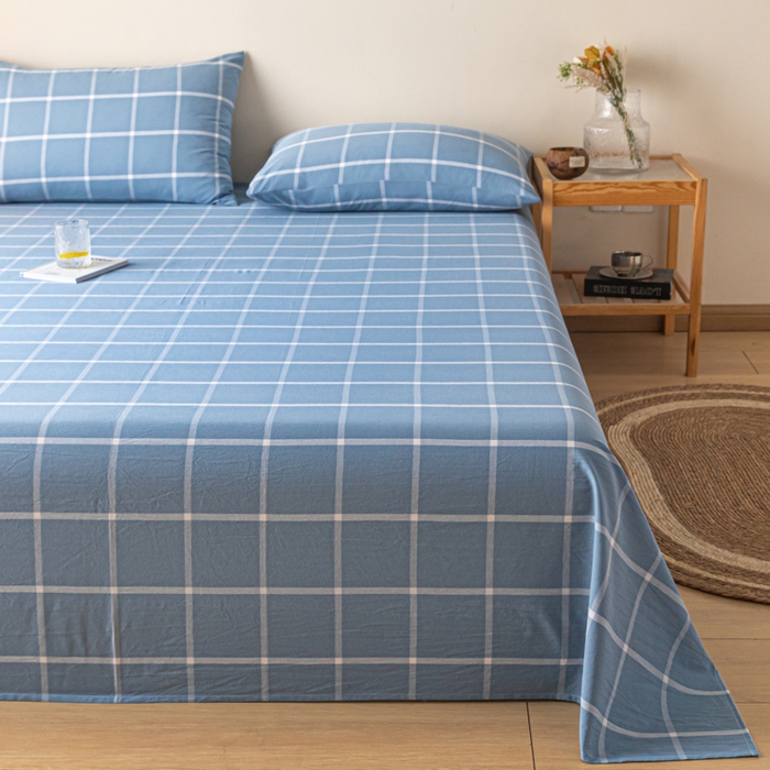 91家纺网 家纺一手货源 找家纺 卡伦家纺 2025新款全棉色织水洗棉床单学生宿舍单人双人床单系列蓝灰中格