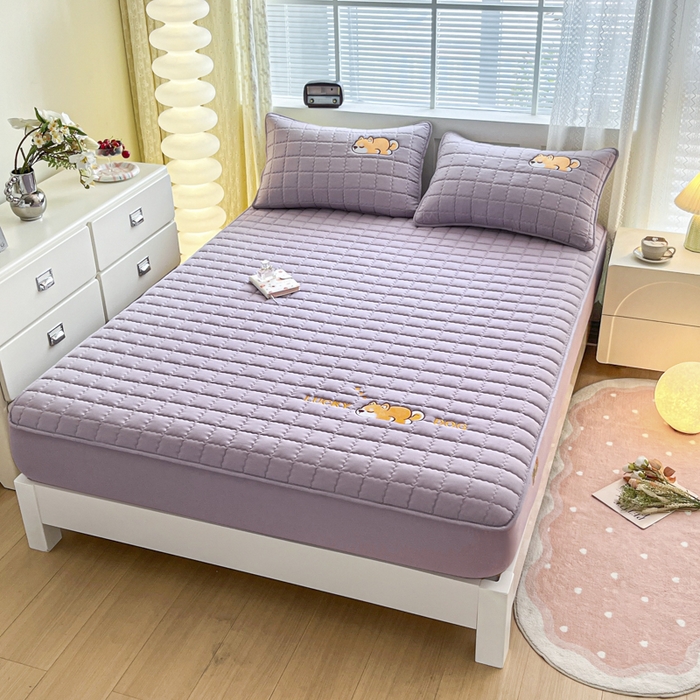 91家纺网 家纺一手货源 找家纺 鑫钰 2024新夹款刺绣大豆纤维床笠-幸运狗系列 幸运狗-木槿紫