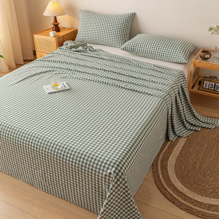 91家纺网 家纺一手货源 找家纺 卡伦家纺 2025新款全棉色织水洗棉床单学生宿舍单人双人床单系列绿小格
