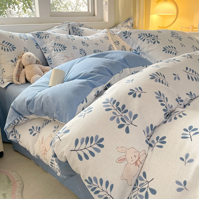 91家纺网 家纺一手货源 找家纺 2024新款全棉小清新印花单品套件--四件套 兔语丛林