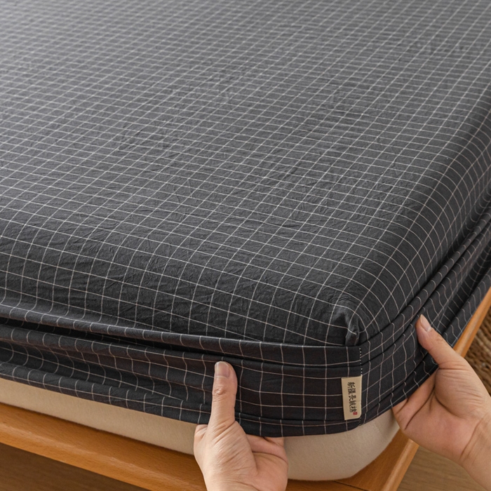 91家纺网 家纺一手货源 找家纺 卡伦家纺 2025全棉色织水洗棉单层床笠席梦思保护套 灰小方格
